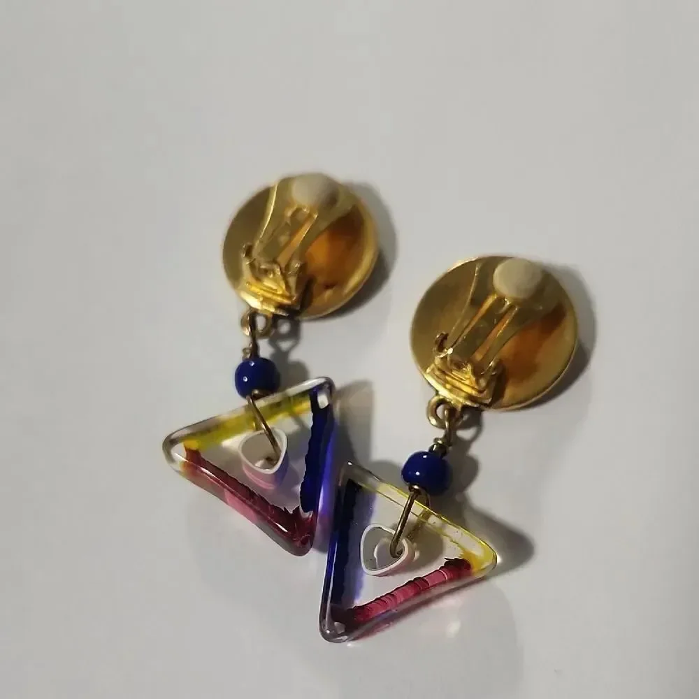 Matte Gold Clip On Earrings with Multicolor Glass Accent Drop
